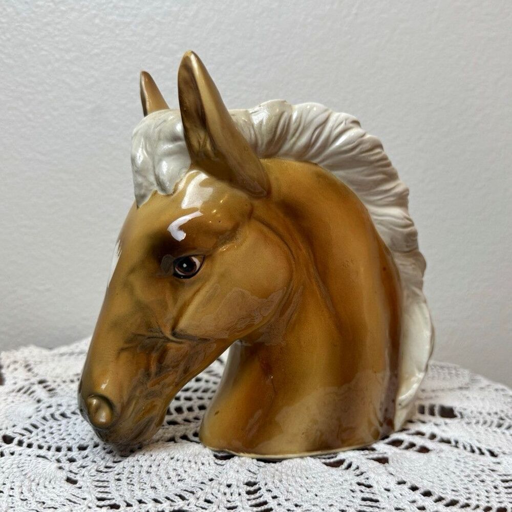 Vintage Ceramic Horse Head Planter Vase Brown White Equine Western Decor 6”